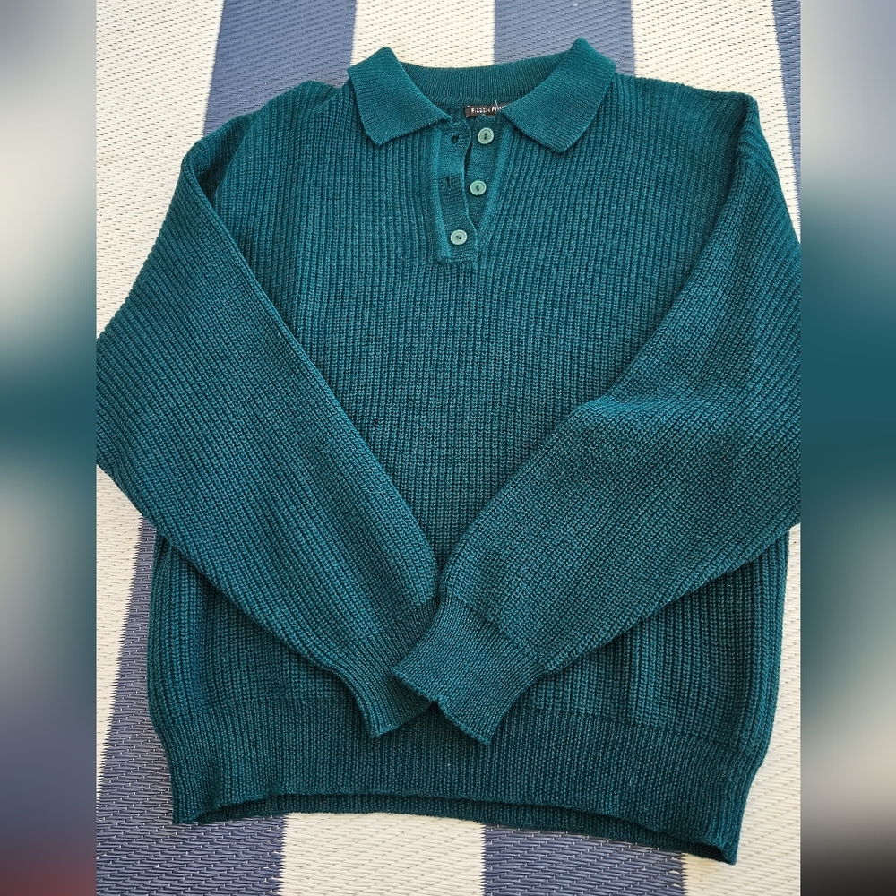 Eileen Fisher 100% Wool Knitted Sweater. Deep Green Size MEDIUM. Collared/button